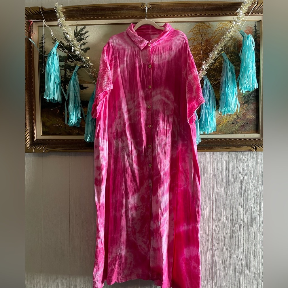 Hand Dyed Pink Tie-Dye Button-Up Dress. Crinkle Gauze. Size XXL.